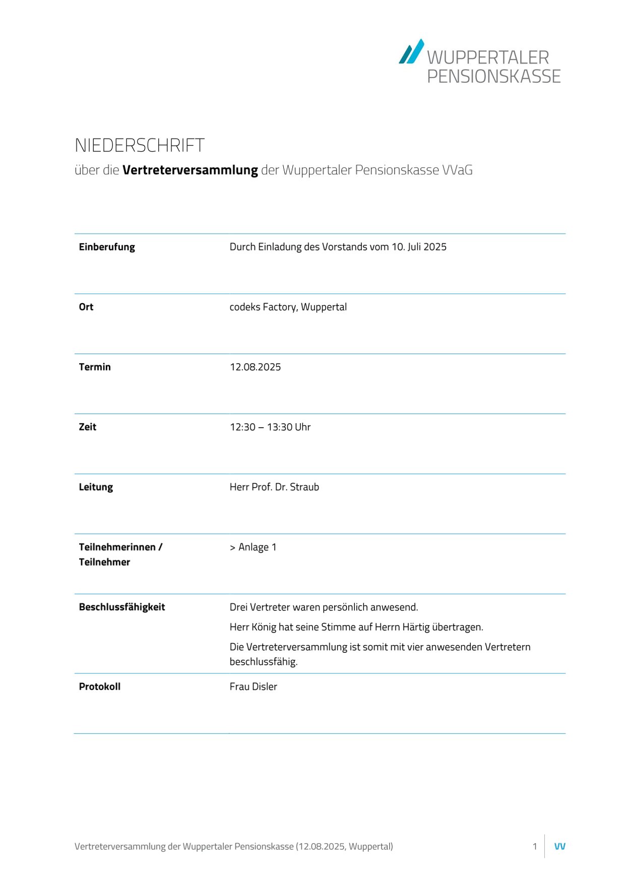 Niederschrift Vertreterversammlung